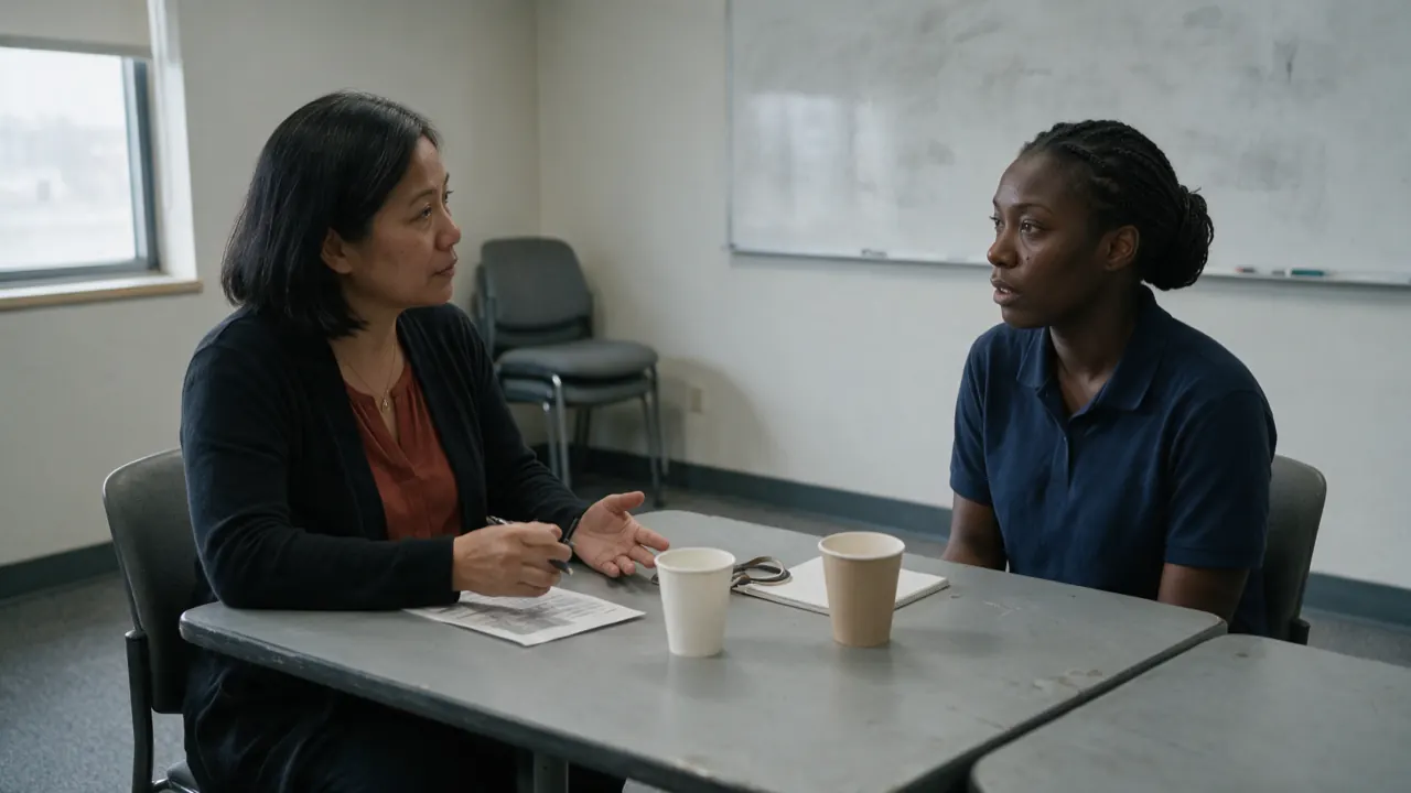 A disability manager and an employee talk through return-to-work duties in a meeting room.
