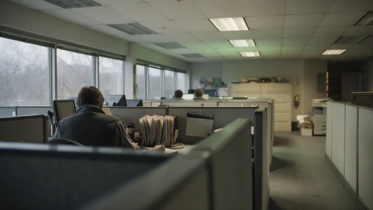 A case manager reviews a workers' compensation file at a workstation in an open-plan office.