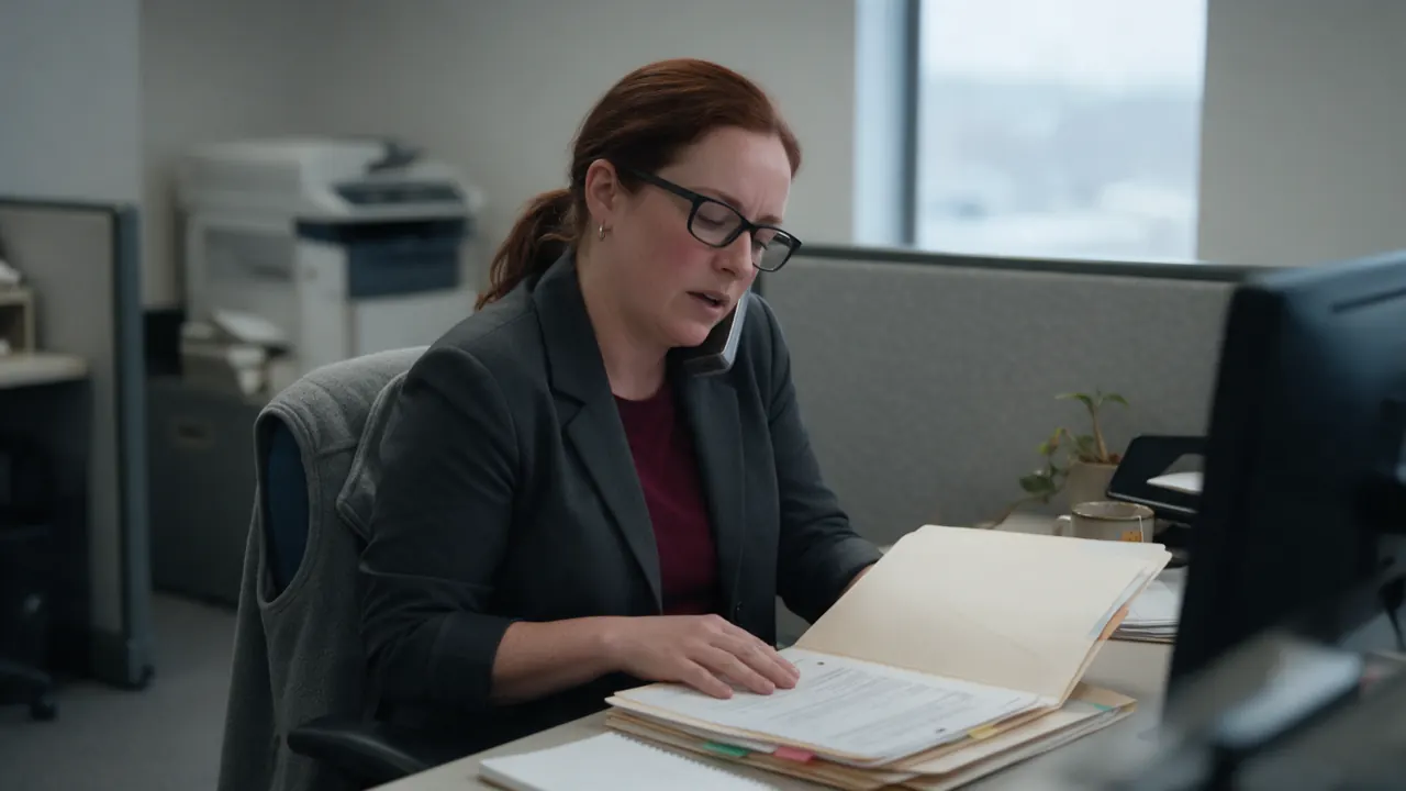 An insurance adjuster reviews a claim file on screen while on a call.
