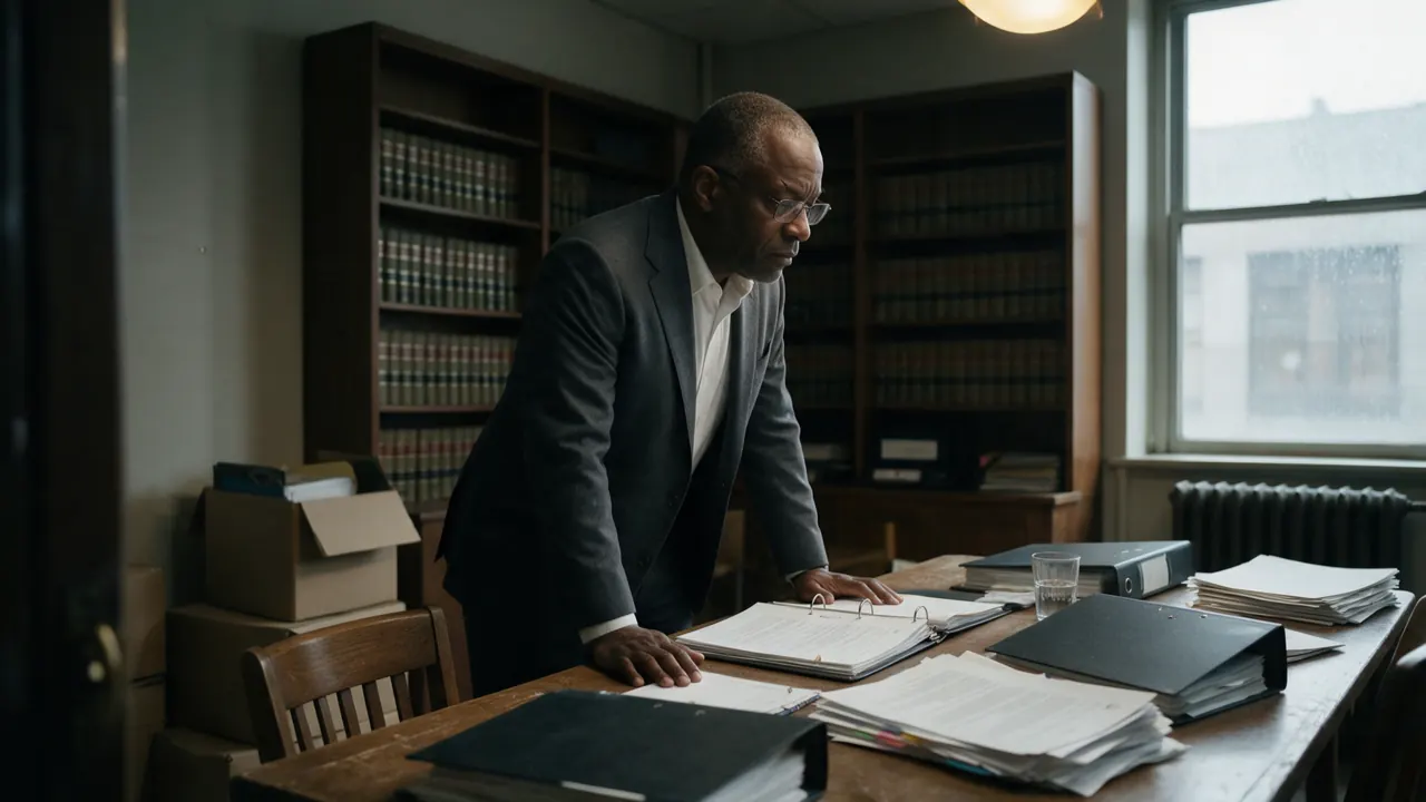 A lawyer leans over an open binder of records at a table stacked with case files in a law office.