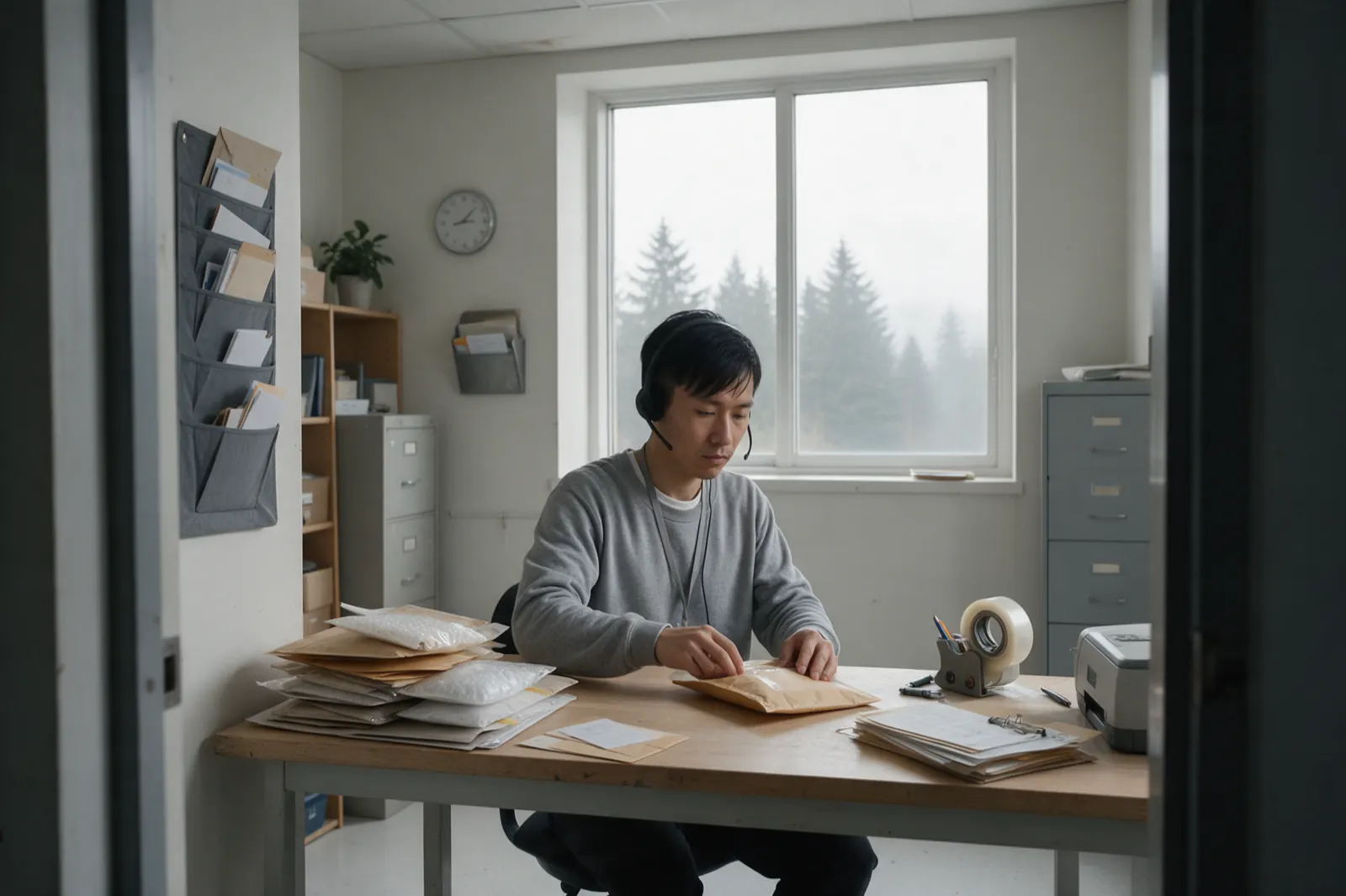 A coordinator seals a thick envelope at a mail bench stacked with padded envelopes.