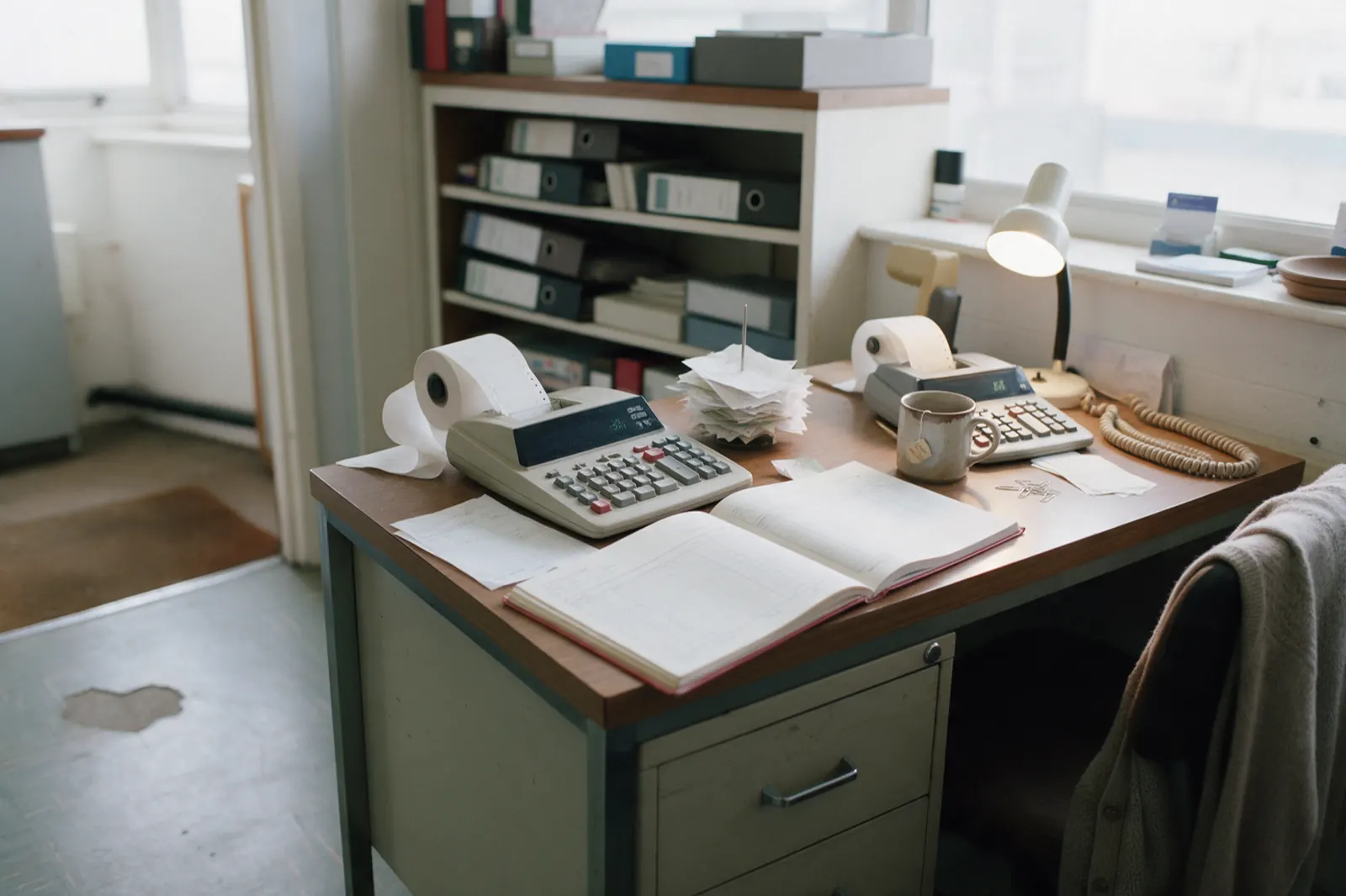 Two adult hands, light olive skin, short clean nails, work at a small accounts desk. The left hand holds a printed invoice at a grazing angle so the total is not readable. The....