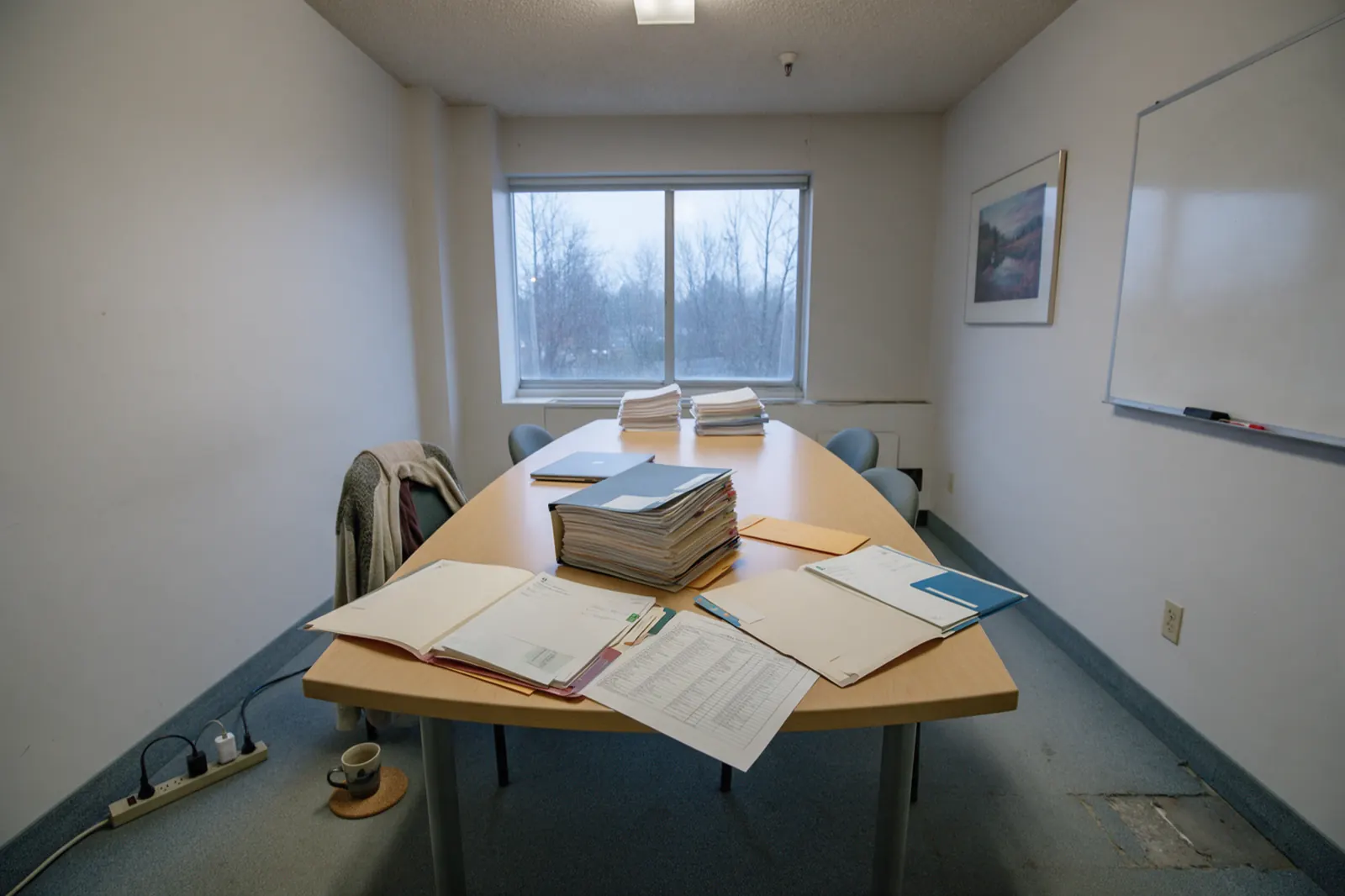 A large meeting table is occupied by one unusually thick case: three open specialty folders in different tab colours spread in a row, a heavy bound acute-care stack at the....