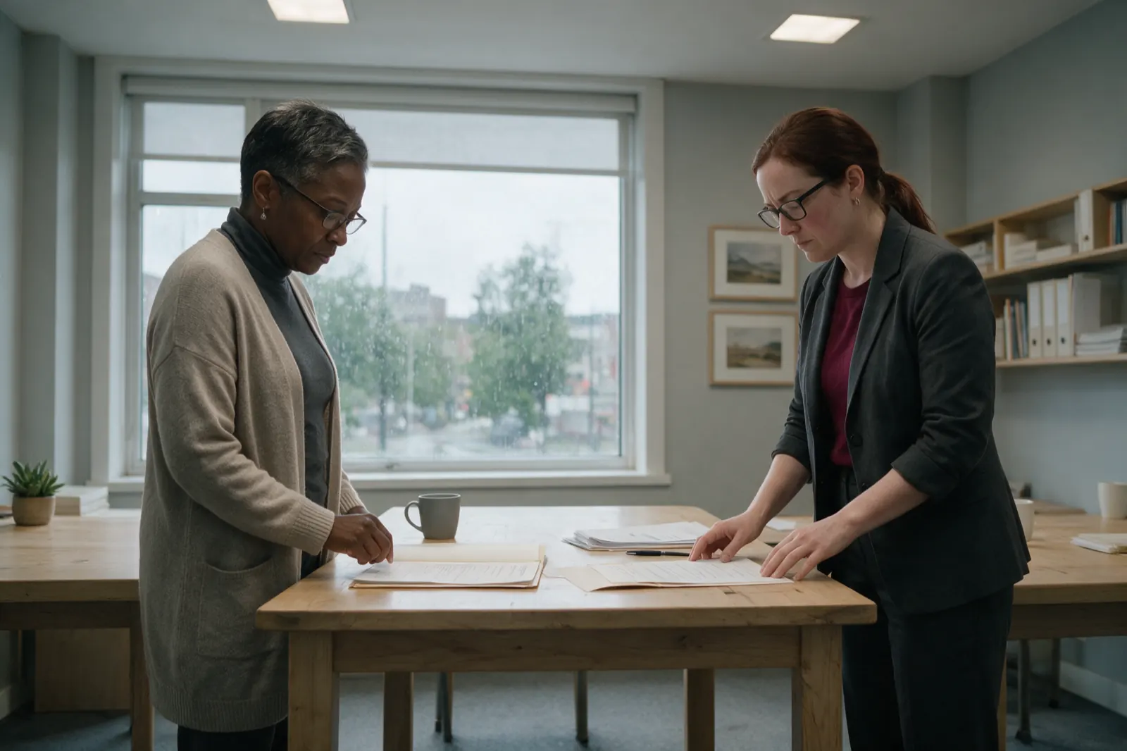 Two people stand on either side of a table comparing two open files laid side by side.