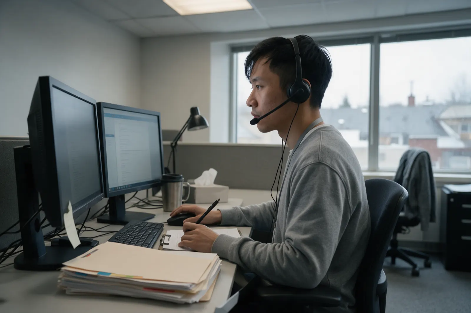 A case coordinator works through a list of assessment files at a desk, wearing a phone headset.