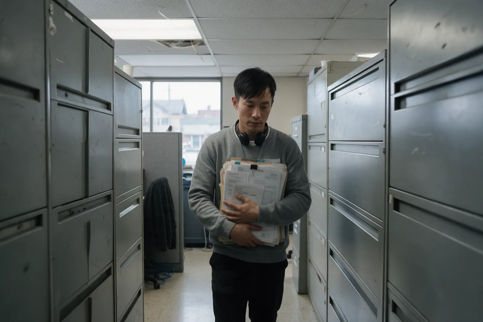 A coordinator walks the aisle between filing cabinets in late afternoon, mid-stride, both arms around one assembled case file held against his chest: a referral letter clipped....