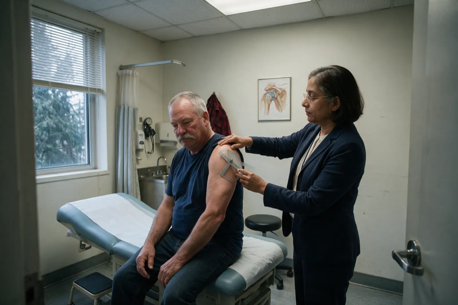 A physician measures a patient's shoulder movement during an examination in a clinic examination room.