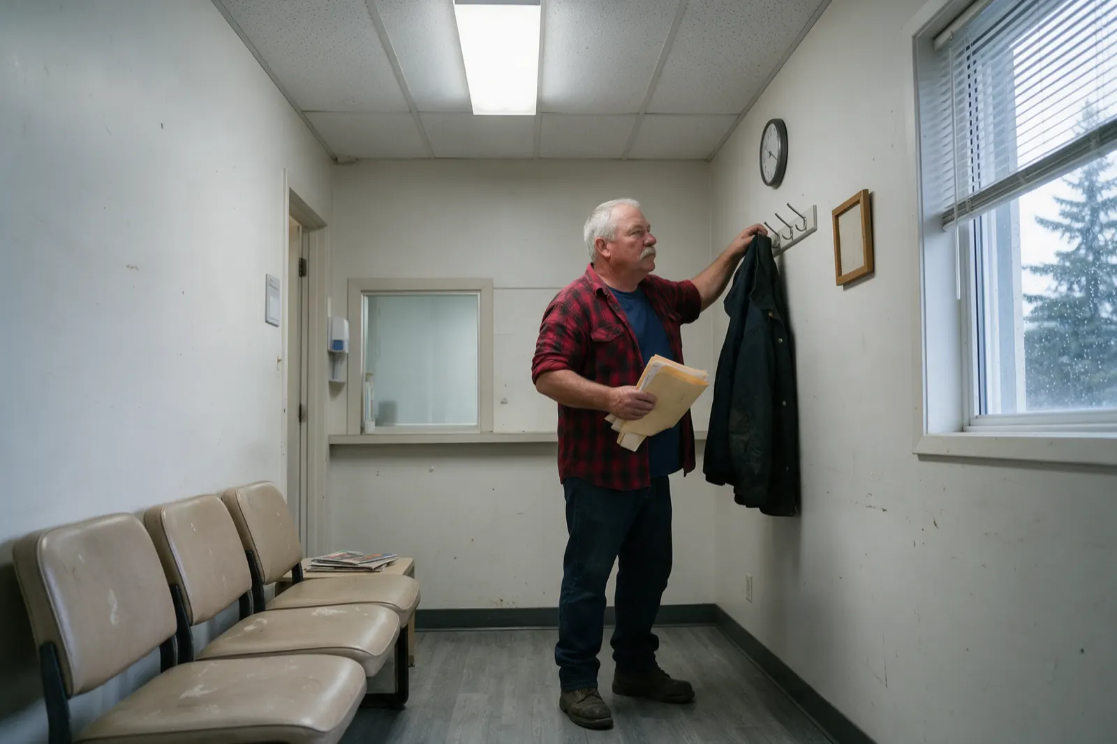 An examinee stands in a clinic waiting room in three-quarter profile hanging a dark wet winter jacket on a row of wall hooks with his left hand, a worn manila envelope of his....