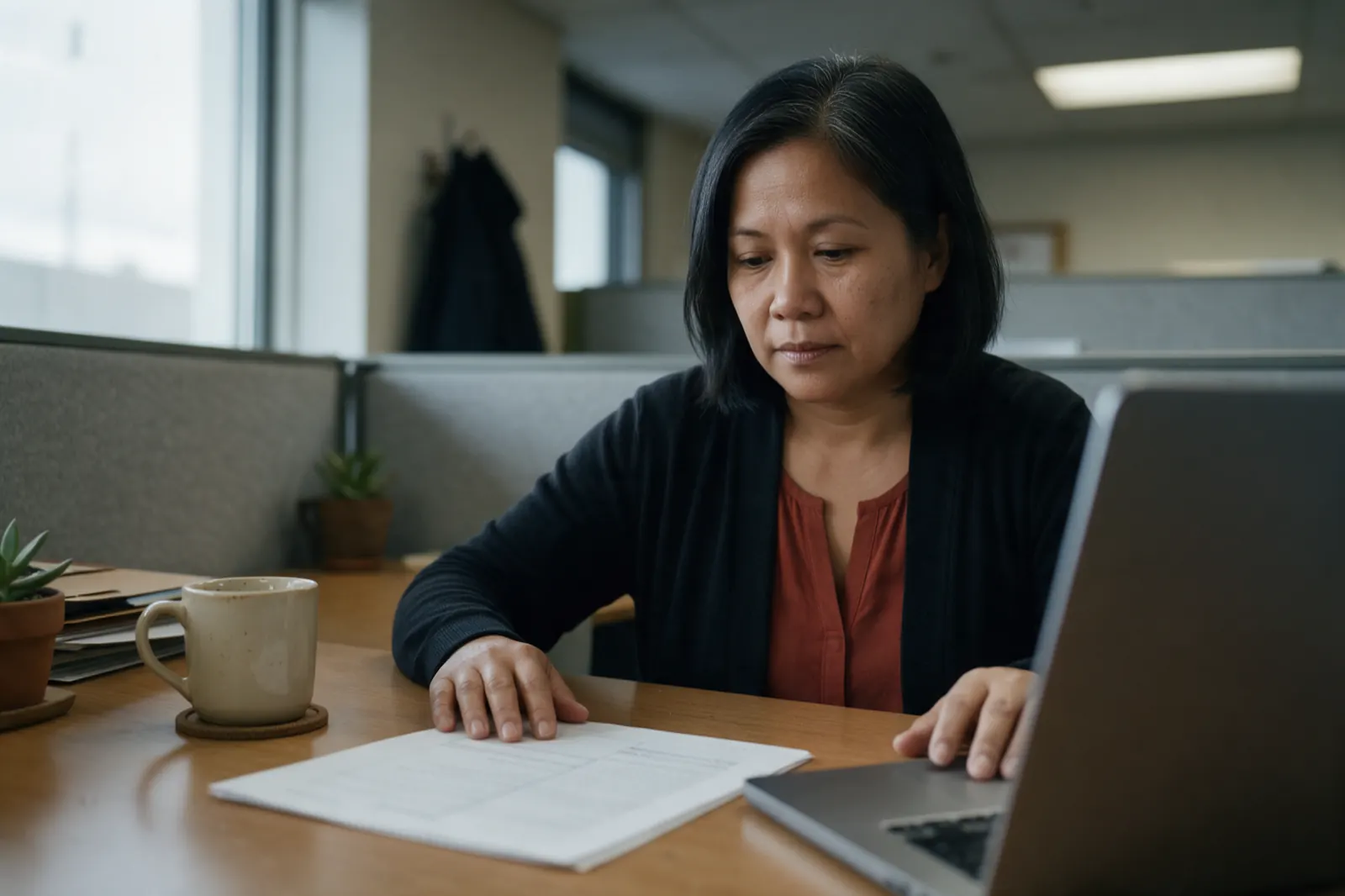 A workplace disability manager reads a printed duties summary at her desk beside a laptop.
