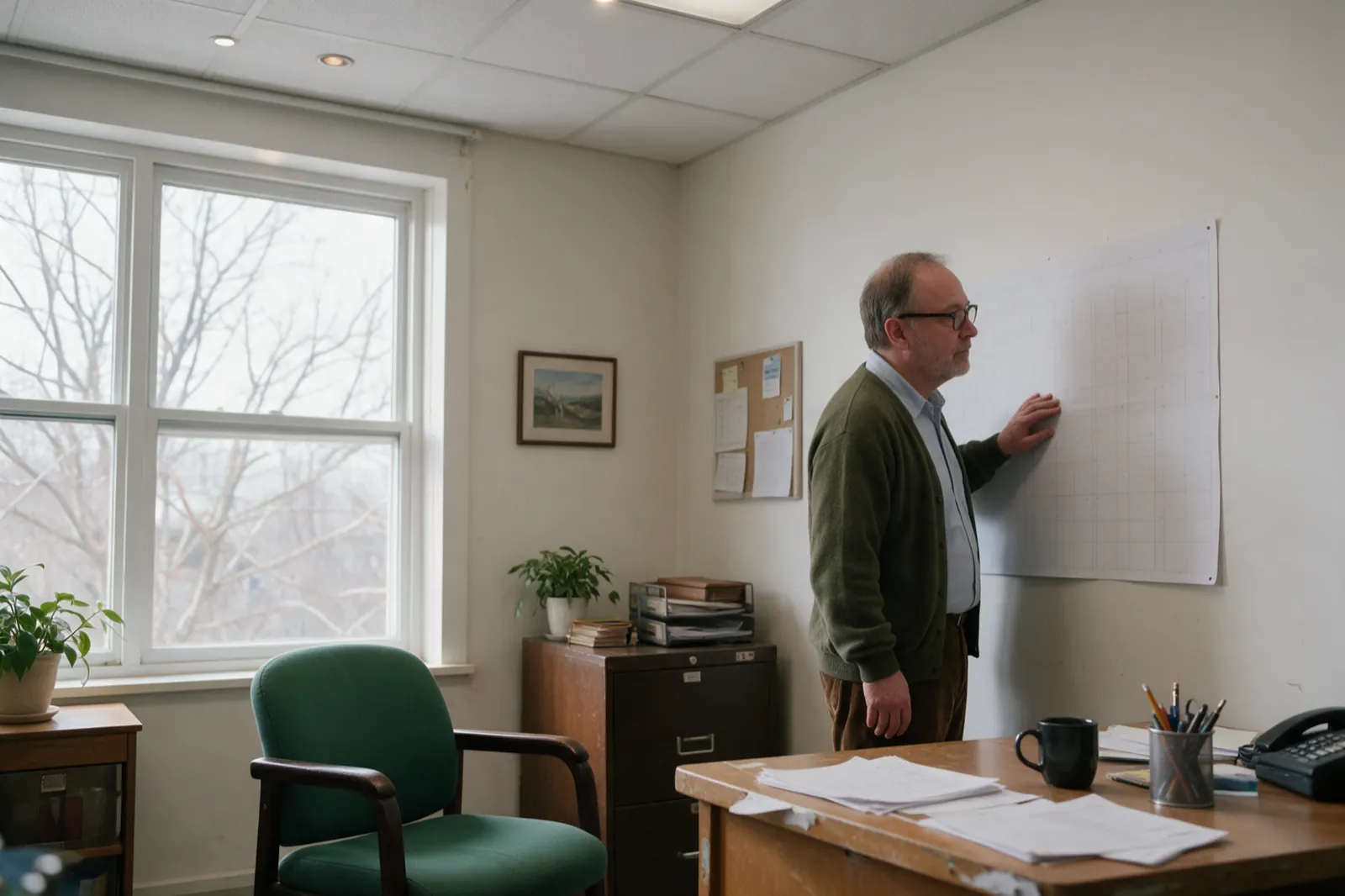 An examiner stands at a wall planner working out a date, one hand resting on the wall beside it.