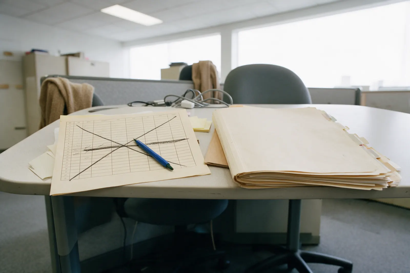 Two printed grid sheets lie overlapping, one slightly rotated, both seen at a shallow angle so the grid is texture and not a readable table. One sheet has a row struck through....