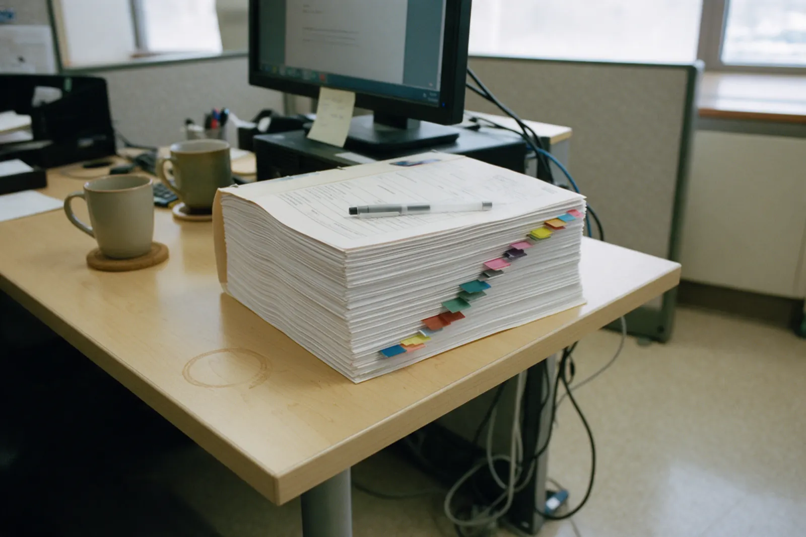 A thick tabbed chronology bundle sits squared and finished on the left of a desk, coloured index tabs aligned, a yellow highlighter capped beside it. To the right, a beige....