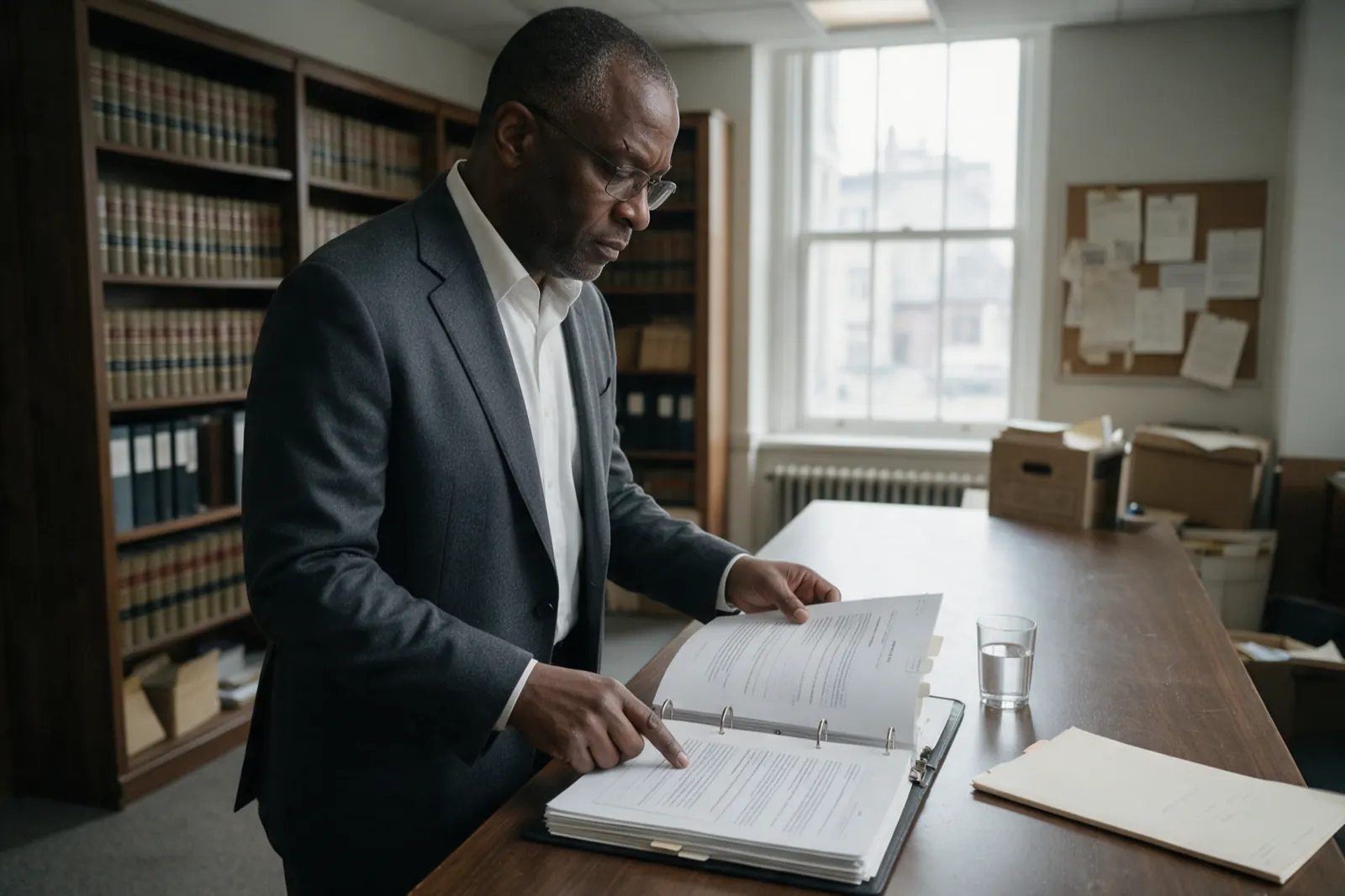 A lawyer stands at a long table in three-quarter profile sliding a printed report beside an opened ring-binder of tabbed exhibits, his index finger holding a place in the....