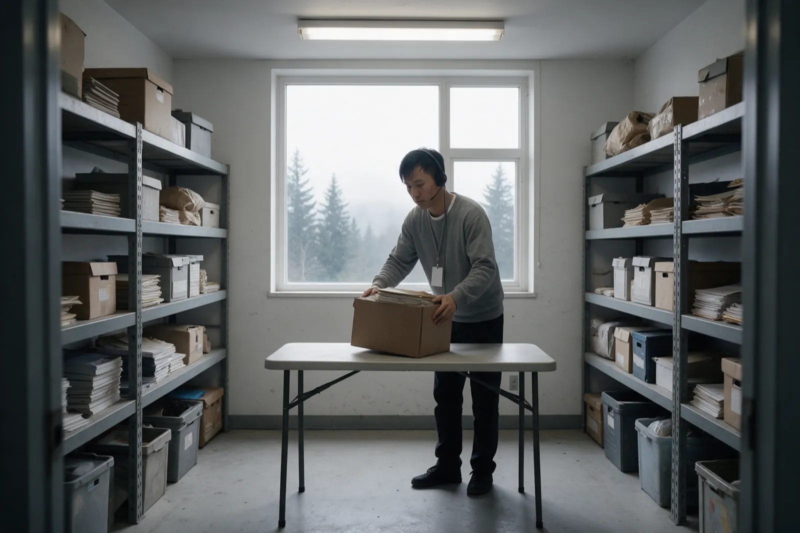 A coordinator lifts a cardboard box of files onto a table.