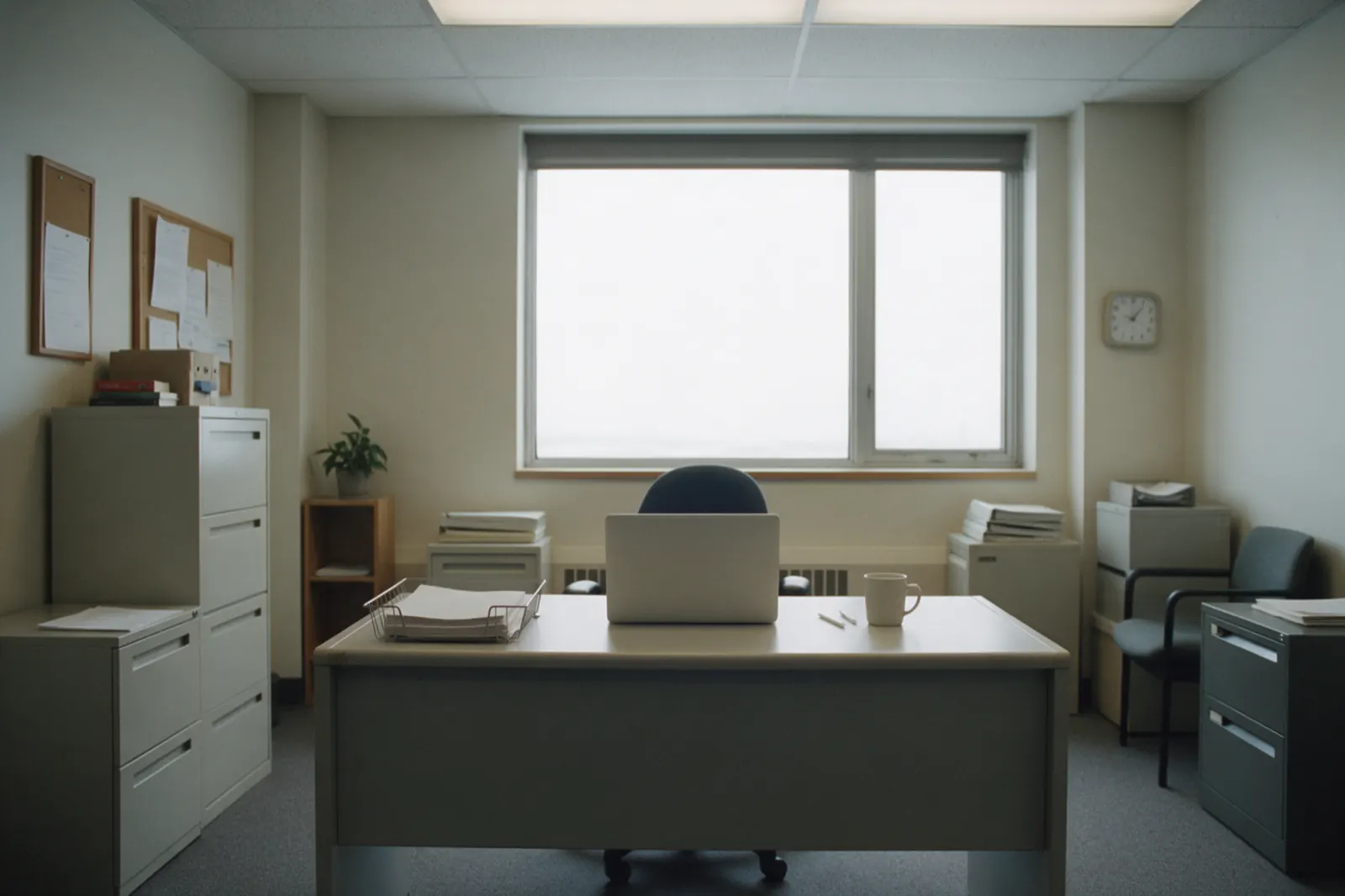 A tidy desk waits between tasks: a closed laptop, a wire tray of paper, a mug and a pen, nobody present.