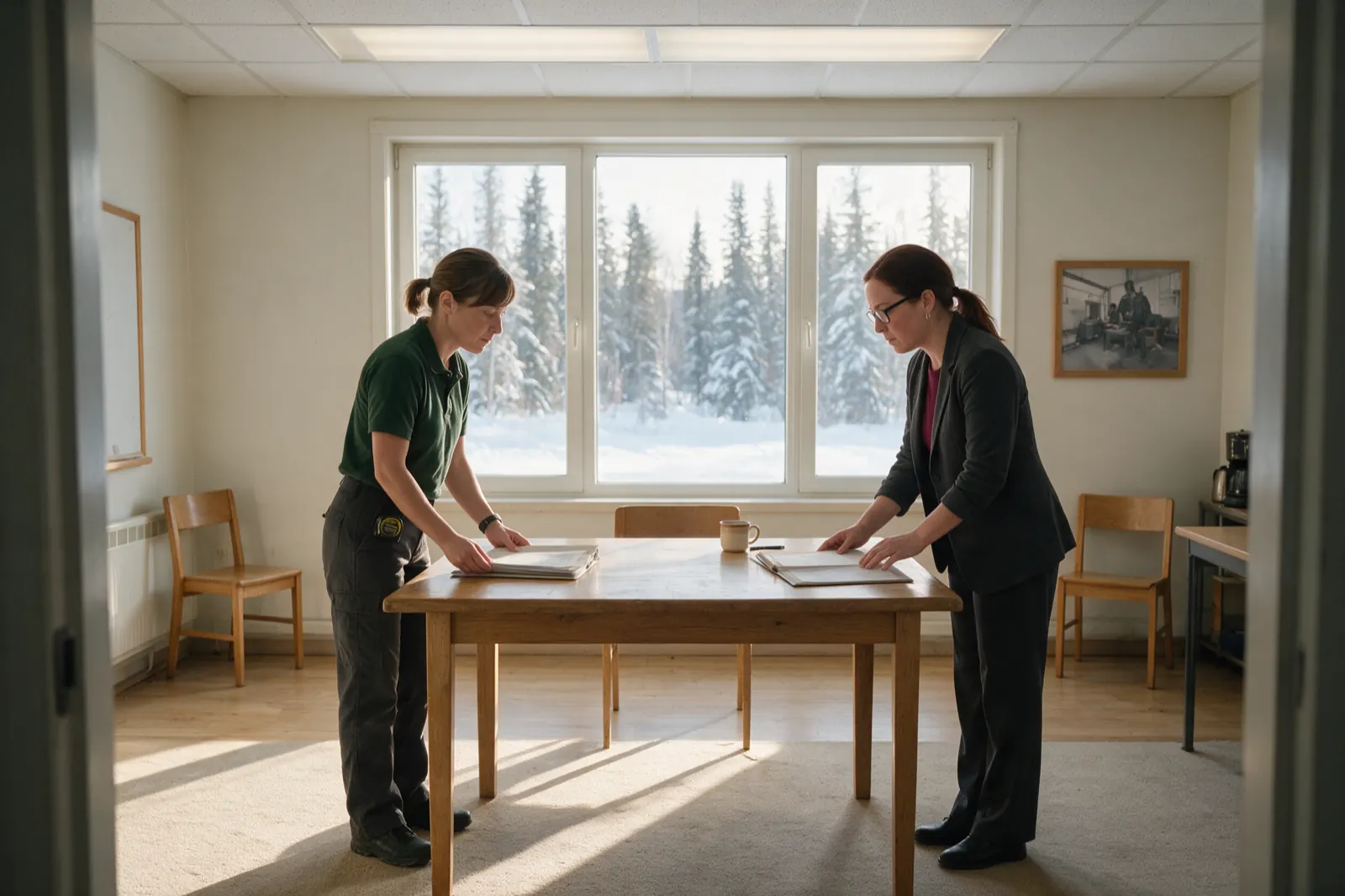 Two people stand on either side of a table comparing two open files laid side by side.