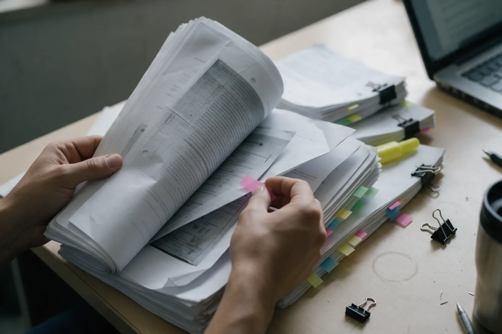 Hands sort a thick stack of tabbed medical records beside an open laptop.