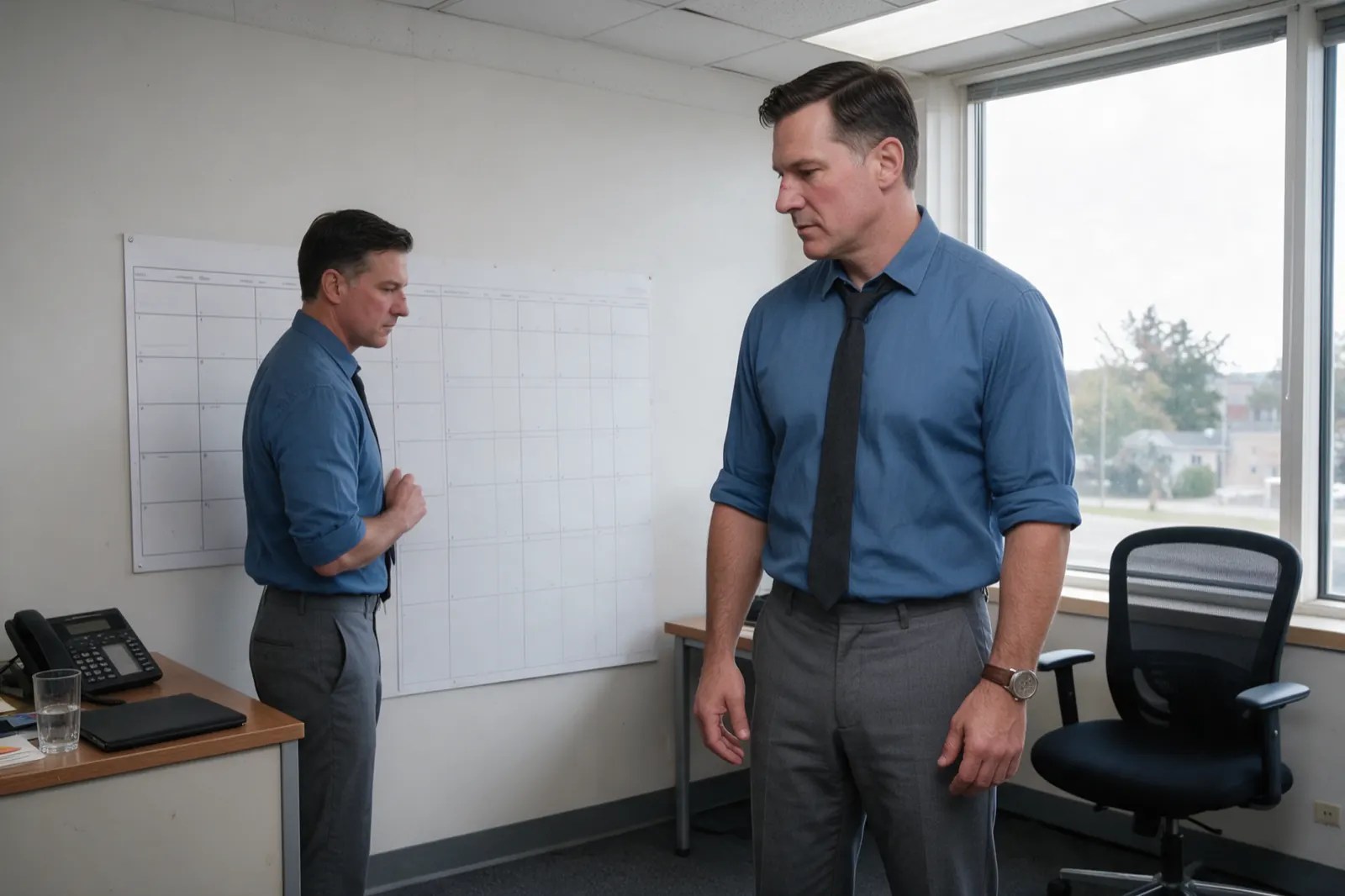 An examiner stands at a wall planner working out a date, one hand resting on the wall beside it.
