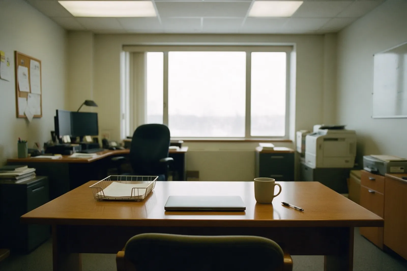 A tidy desk waits between tasks: a closed laptop, a wire tray of paper, a mug and a pen, nobody present.