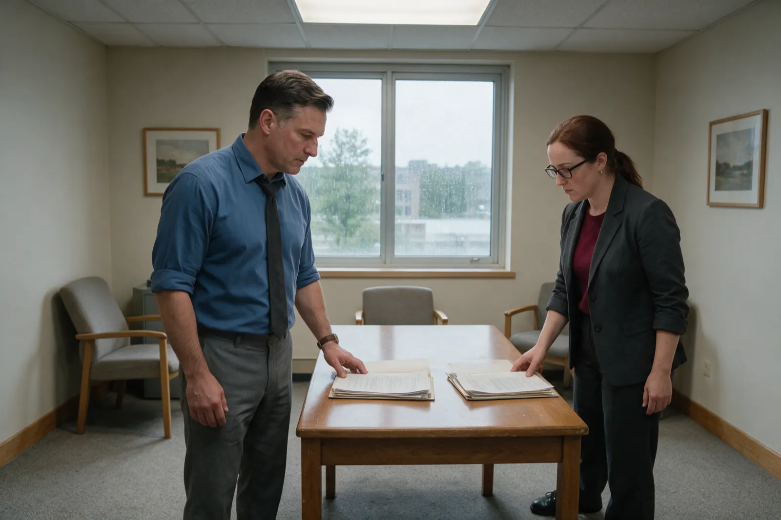 Two people stand on either side of a table comparing two open files laid side by side.