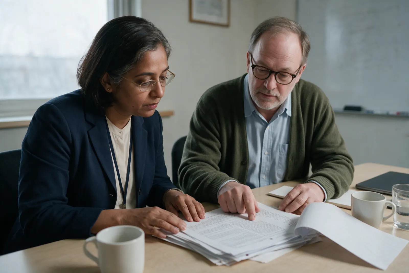 Two clinicians sit at a table and read through a printed assessment report together.