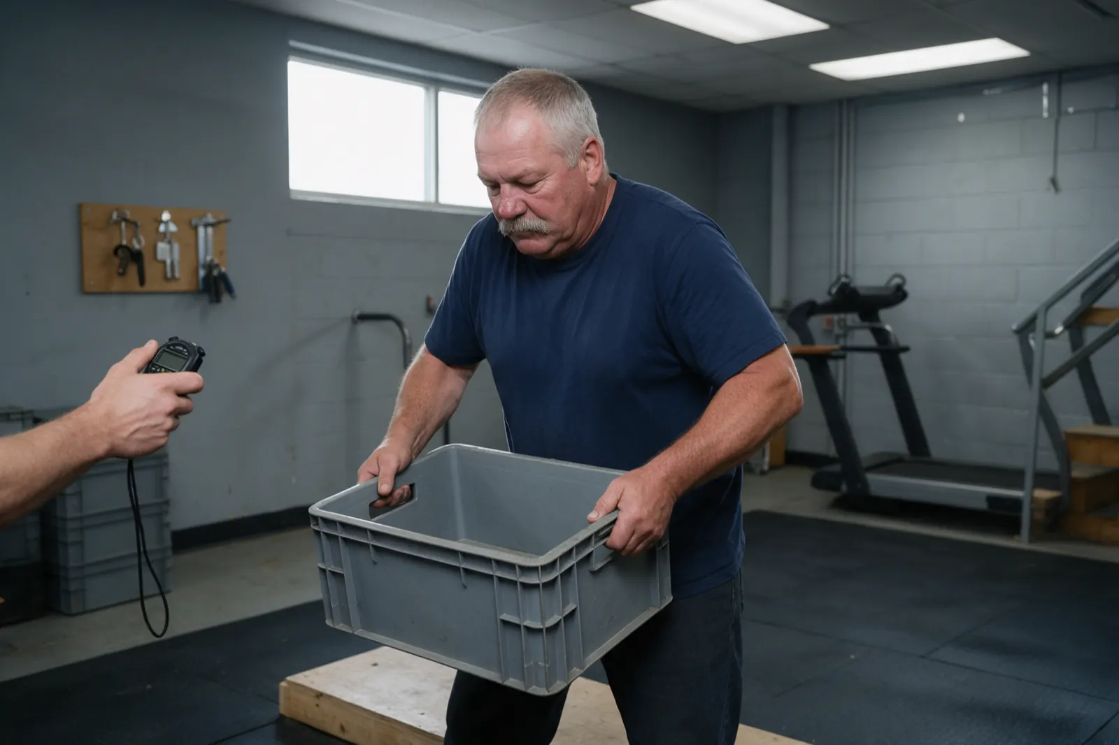 An examinee lifts a crate from a low platform during a functional capacity evaluation while an evaluator times the task.