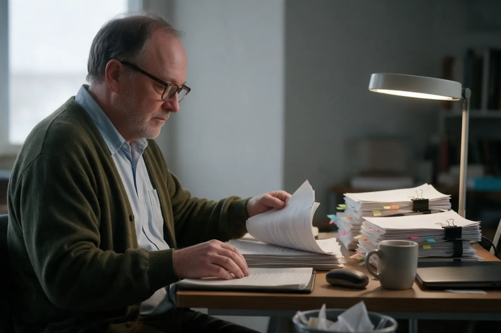 A psychologist works through a paper file review at a desk stacked with tabbed medical records.