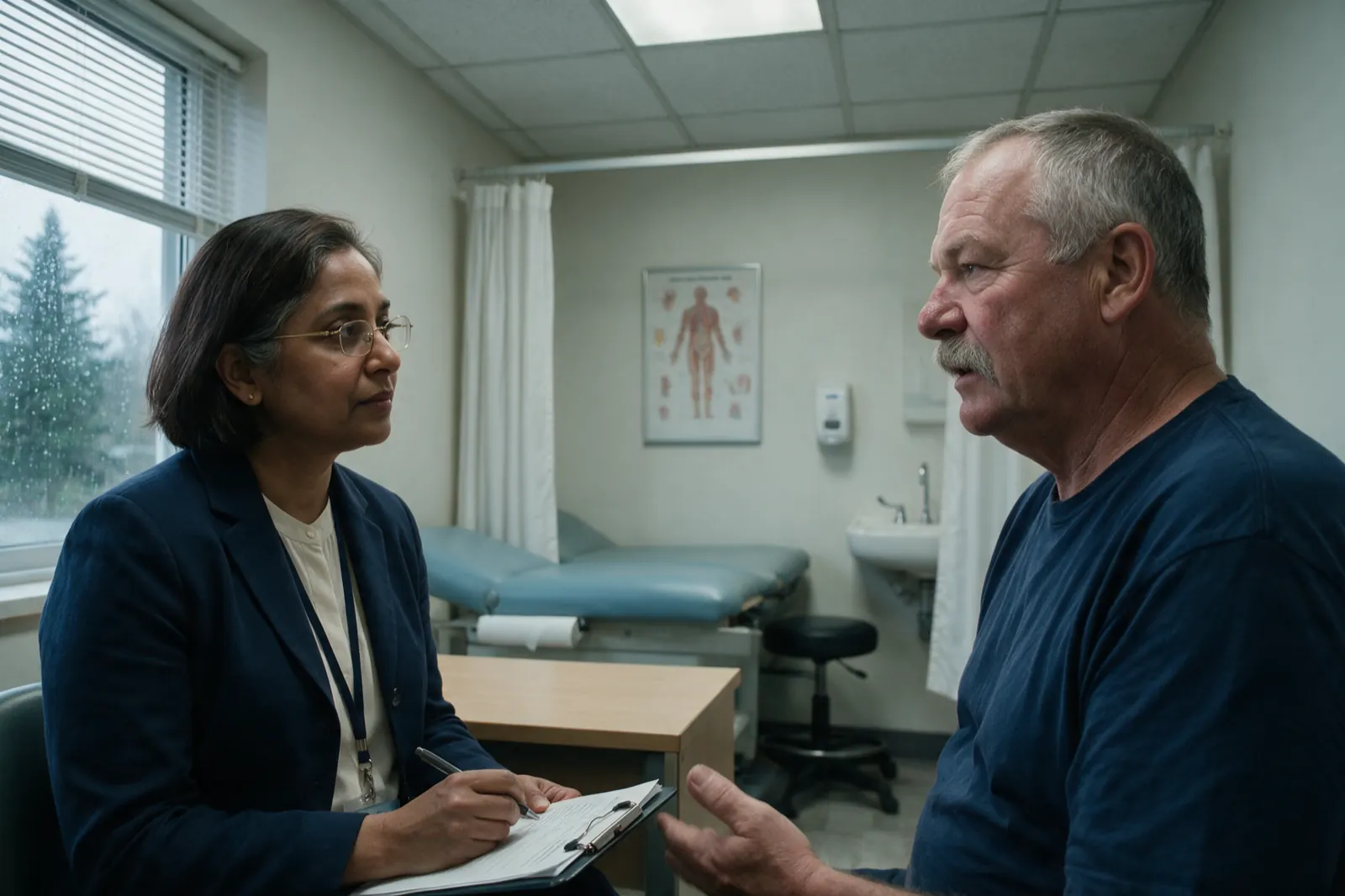A physician takes a history from an examinee in a clinic consulting room before the physical examination.