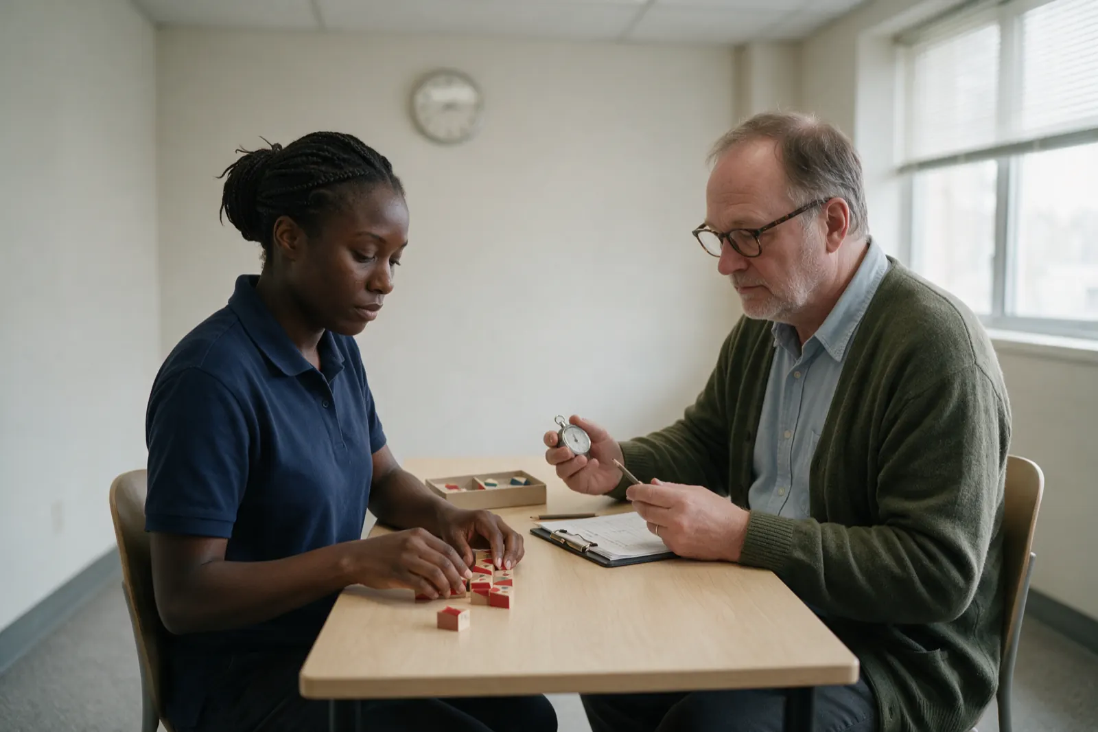 An examinee arranges patterned blocks on a table during cognitive testing while an examiner times and scores the task.