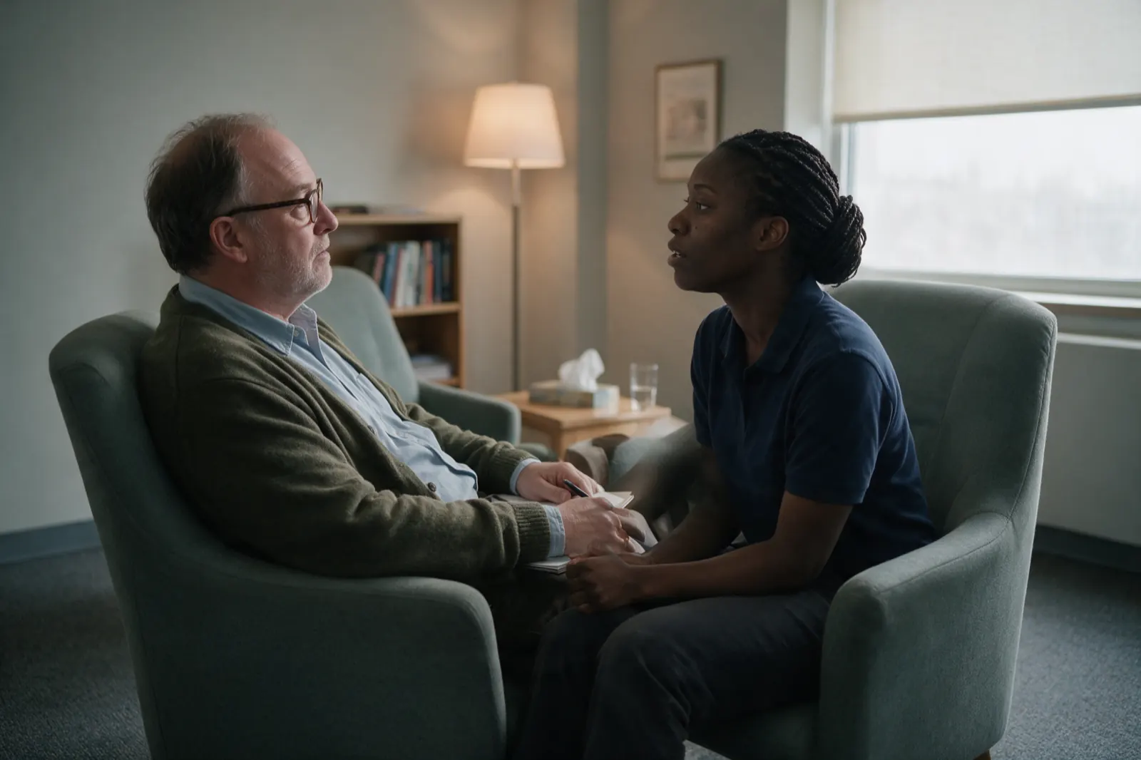 A psychologist and an examinee talk in two chairs set at an angle during a psychological assessment.