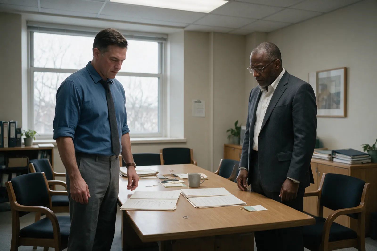 Two people stand on either side of a table comparing two open files laid side by side.